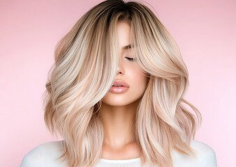Portrait of a Beautiful Woman with Flowing Blonde Hairstyle in Front of a Light Pink Backdrop