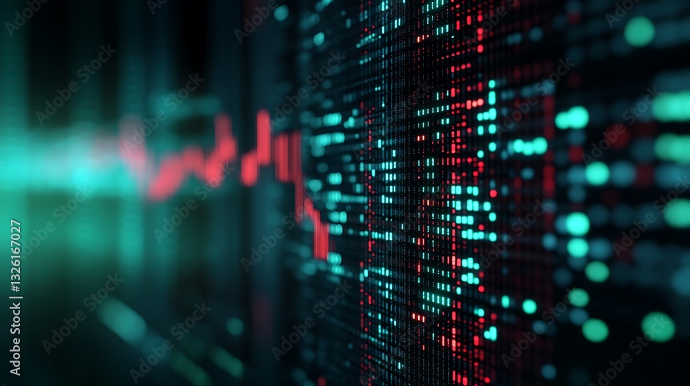 Poster abstract digital background with glowing dots and lines representing data flow and stock market tren