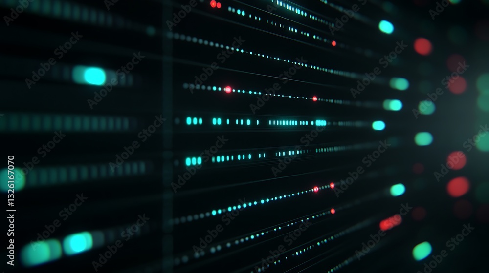 Poster abstract digital background with glowing lines and dots in turquoise, red, and black colors represen