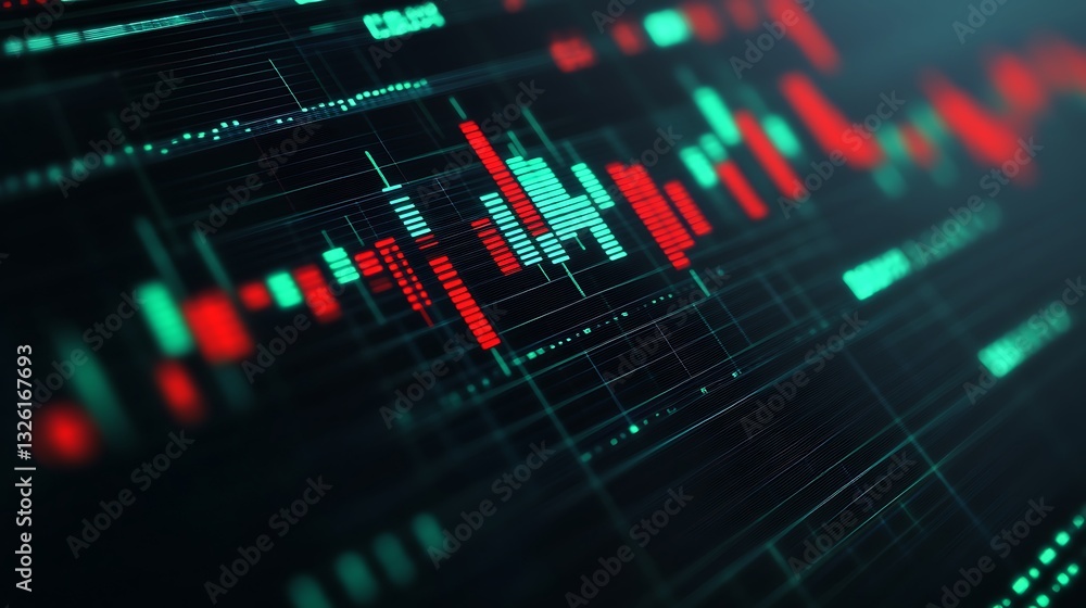 Poster abstract digital chart analysis showing stock market fluctuations with red and green data points