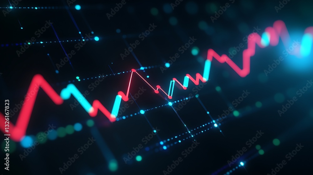 Poster abstract digital chart with colorful lines and dots representing data analysis and financial trends
