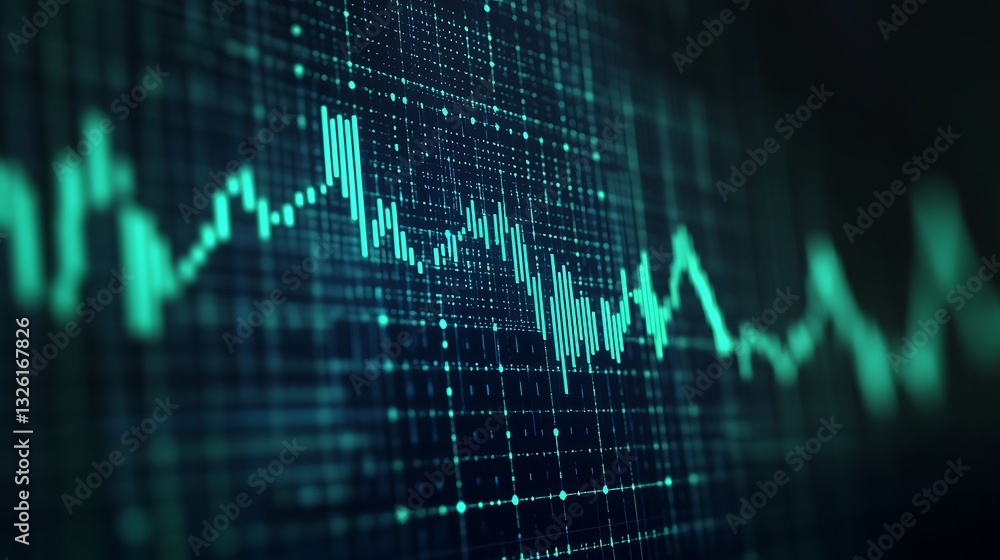 Poster abstract digital chart representation with vibrant green lines and data points for financial visuali