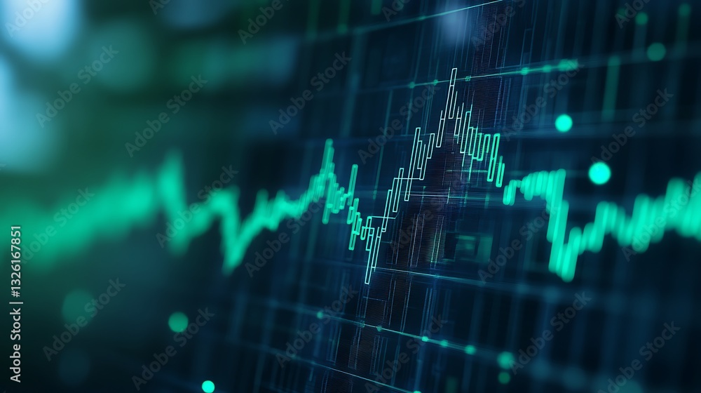 Poster abstract digital chart with green line graph and data points on dark background for finance and tech