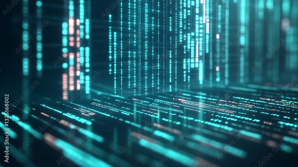 Poster abstract digital data flow in futuristic technology background with glowing blue lines and matrix ef
