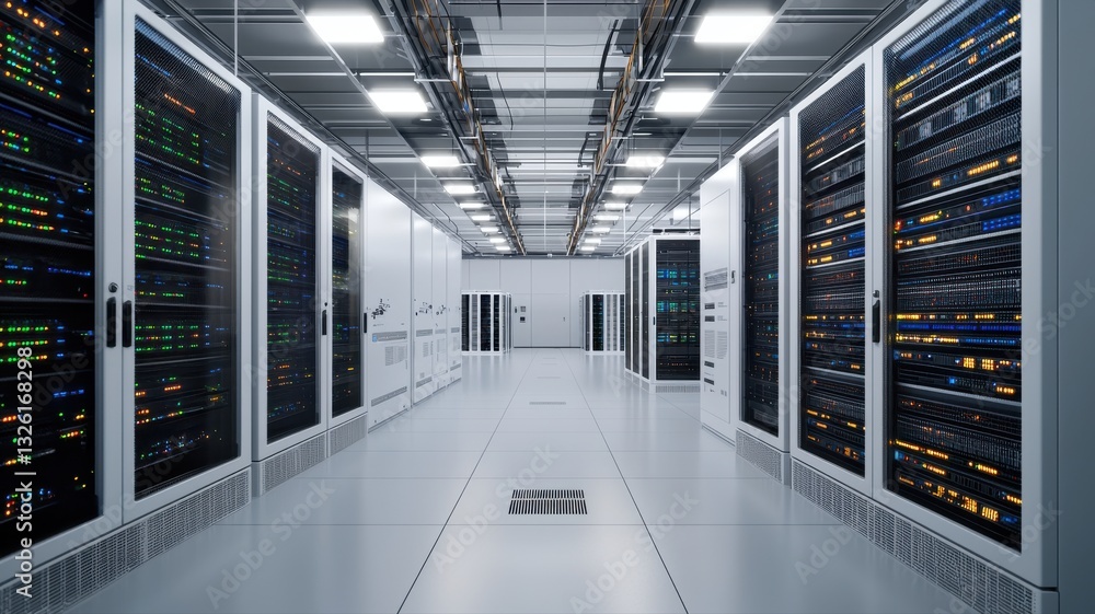 Poster modern data center with server racks, advanced technology infrastructure, high-tech environment pers