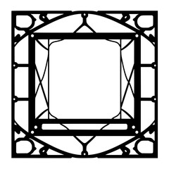 Intricate Black and White Geometric Grille Design with Square Center and Ornate Borders on White Background, symmetrical architectural abstract.