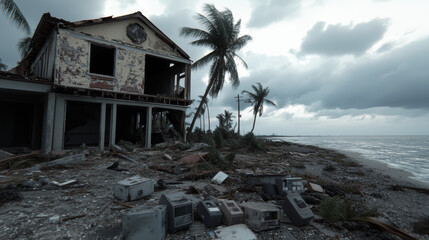 Naklejka premium A deserted house stands near the coastline, surrounded by fallen debris and old electronics. Palm trees sway in the wind under a gray sky, showcasing the aftermath of a recent storm in Florida