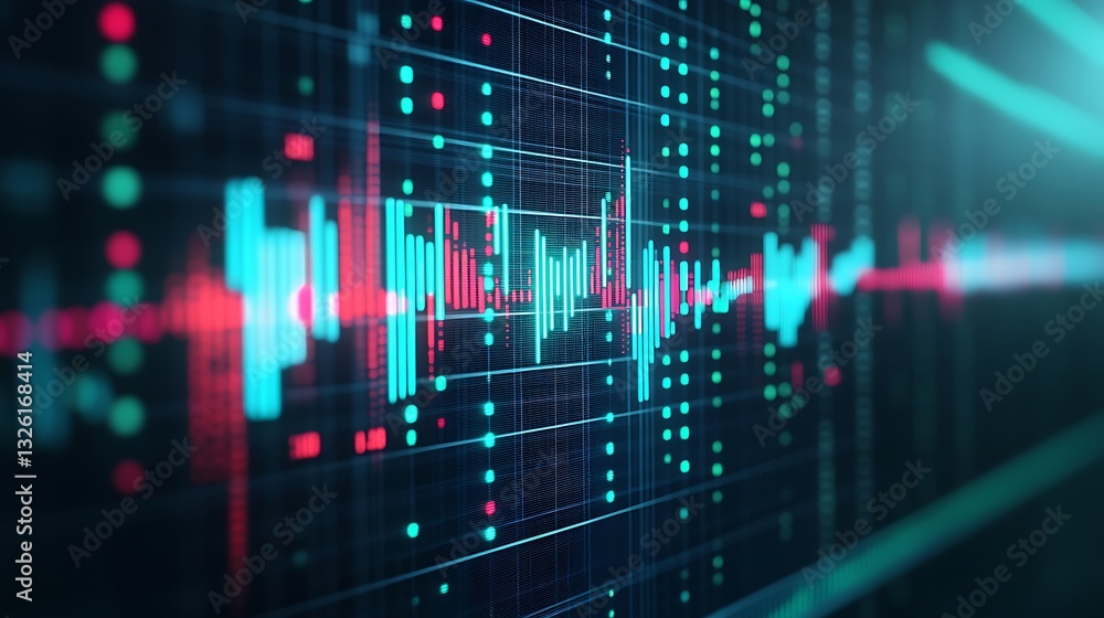 Poster abstract digital data visualization with colorful graphs and patterns on a dark background