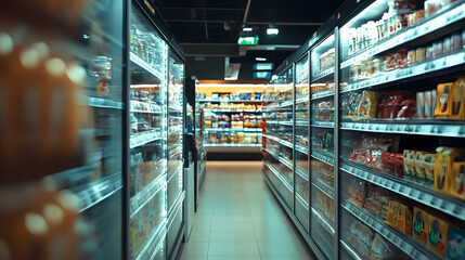 Busy Supermarket Aisle with Refrigerated Shelves Displaying a Variety of Packaged Goods : Generative AI