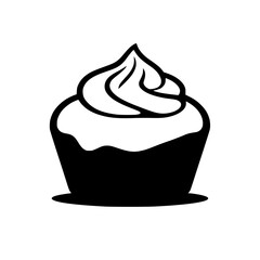 Bold Black and White Silhouette of a Decadent Cupcake with Swirled Frosting Against a Clean White Background