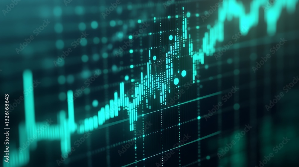 Poster abstract digital data visualization with green and blue lines representing financial growth trends a