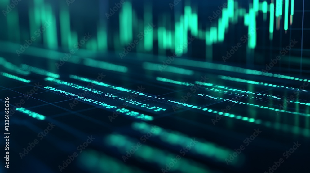 Poster abstract digital data visualization with green and blue color waves on a dark background for financi