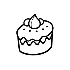 Simple Outline Cake Illustration: a single, round dessert decorated with wave-like borders, topped with a drop-shaped design and berries, set against a blank white background.