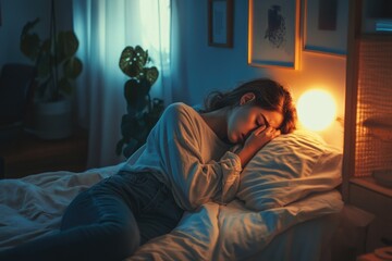 Fototapeta premium A woman lies on a bed in a darkened room