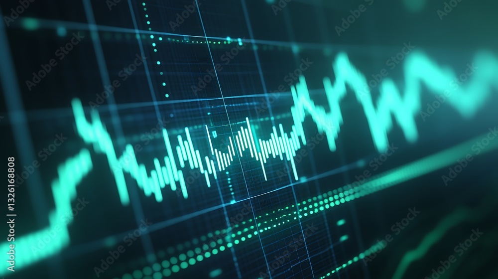 Poster abstract digital data visualization with green chart lines and grids for financial analysis and rese