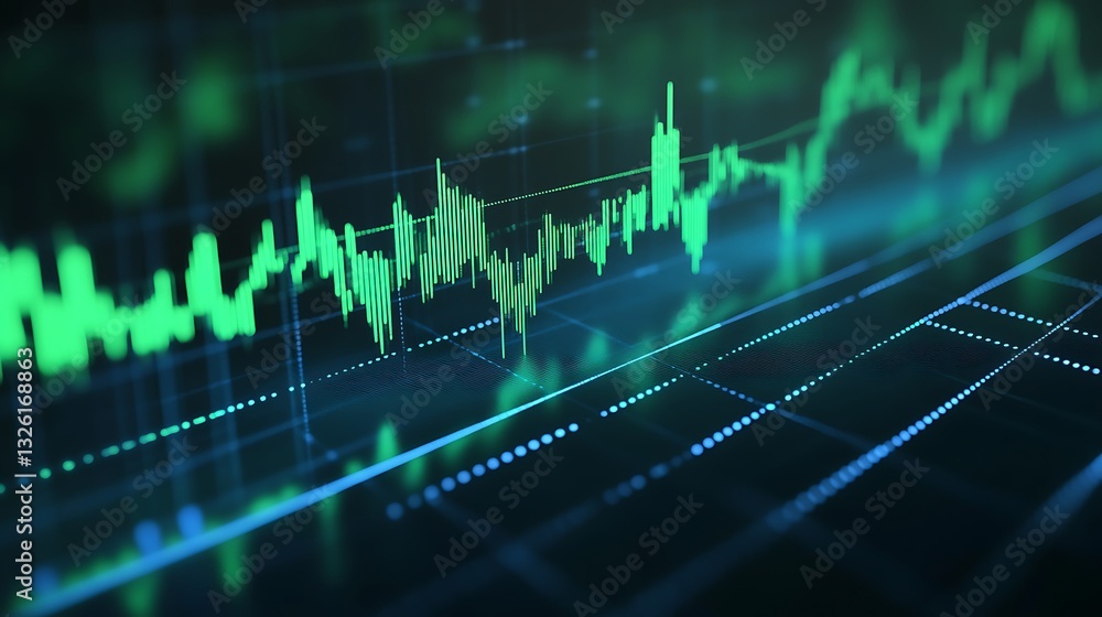 Poster abstract digital data visualization with green graph and blue signals on dark background for financi