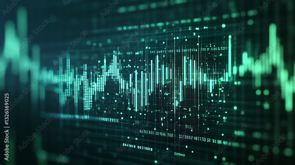 Poster abstract digital data visualization with green lines and dots over dark background for technology an