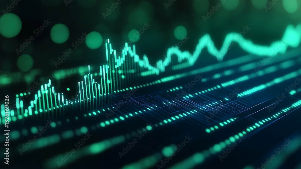 Poster abstract digital data visualization with green lines and dots representing financial market trends a