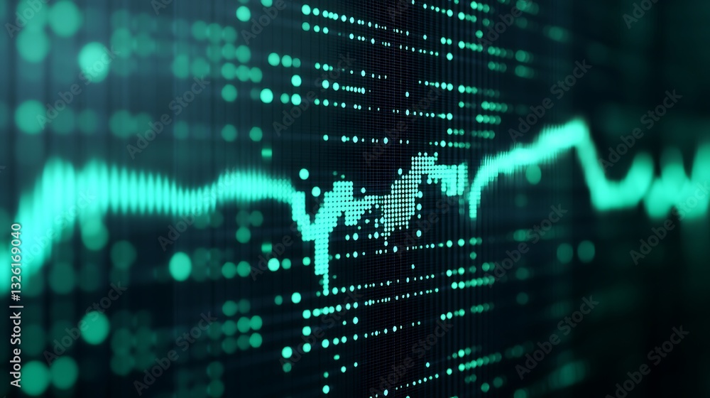 Poster abstract digital data visualization with green lines and dots representing real-time analytics and t