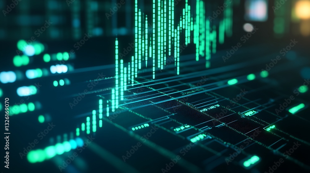 Poster abstract digital data visualization with green lines and graphs depicting financial market changes a