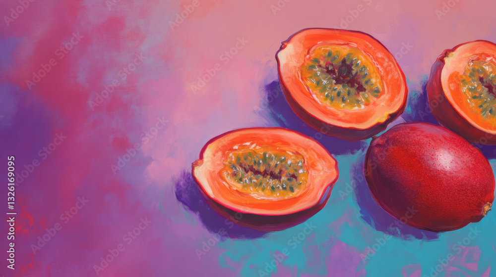 Poster vivid passion fruit and guava texture art for culinary and aromatic design projects
