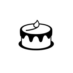 Minimalist black and white illustration of a round birthday cake with dripping icing and a single burning candle, isolated on a white background.