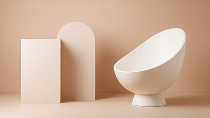 A minimalist white sculpture of a bowl with a curved rim and a pedestal base.