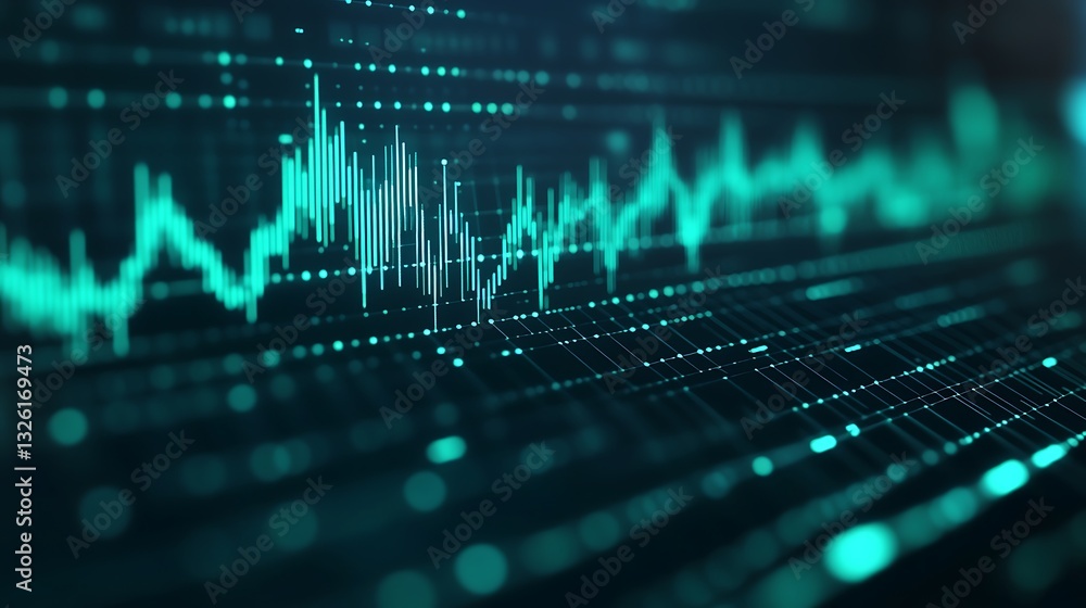 Poster Abstract Digital Data Visualization with Waveforms and Points in Blue and Green Tones for Technology Concepts