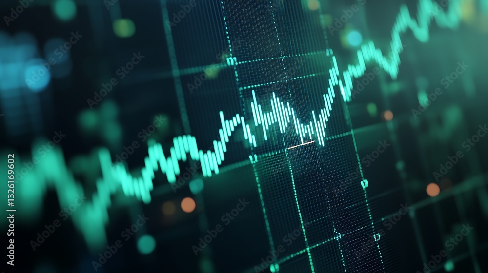 Poster abstract digital finance chart showing trend line and fluctuations in data over time in green and bl