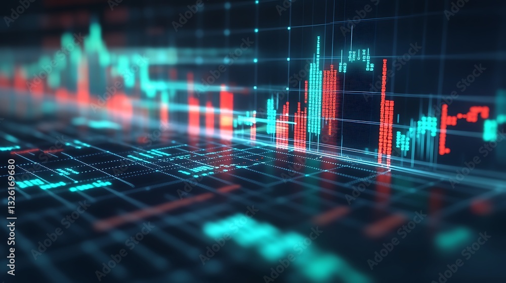 Poster abstract digital financial chart background with glowing candlestick graphs and data analysis elemen