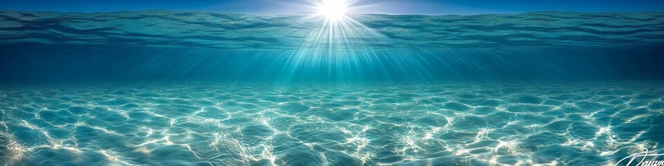 Obraz premium Sunbeams, Vibrant Blue Water. Realistic Underwater Ocean Scene, Sunlight Breaking the Surface