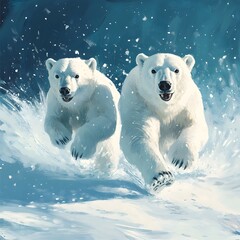 Naklejka premium Two Polar Bears Running Through Snowy Water Arctic Wildlife Scene
