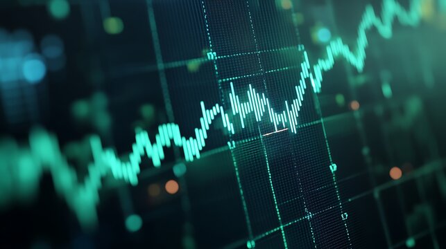 Abstract Digital Finance Chart Showing Trend Line and Fluctuations in Data Over Time in Green and Blue Colors