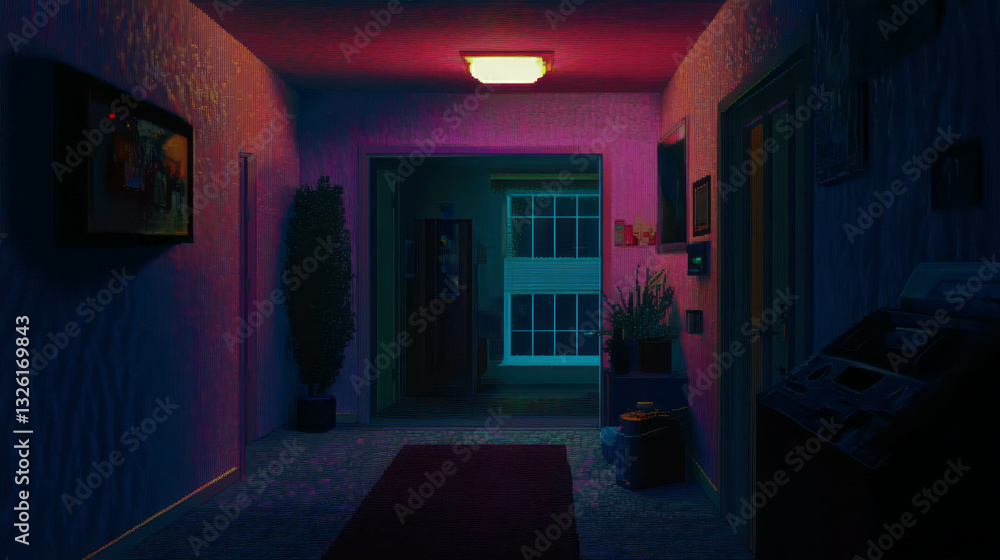 Poster mysterious corridor scene with pixel art texture and dithering effect