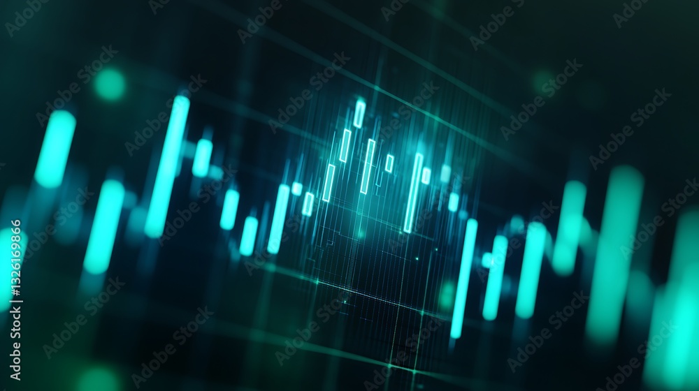 Poster abstract digital financial chart with candlestick patterns representing market trends in green and b