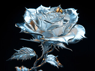 a silver, metallic rose with a highly reflective surface, casting intricate shadows and highlights, against a black background.