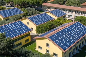 A cluster of homes featuring solar panel installations on their rooftops
