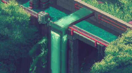 Retro pixel art texture with dithering effect depicting futuristic landscape