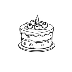 A whimsical, hand-drawn, two-layered cake with stylized blueberry garnish and a central leaf-like ornament, all set on a plate in a clean white space.
