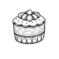 Detailed Black and White Hand-Drawn Illustration of a Layered Cake with Floral Cream Topping, Isolated on White.