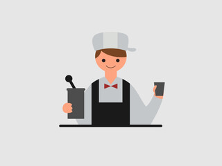 This image features a stylized flat illustration of a bartender against a light gray background