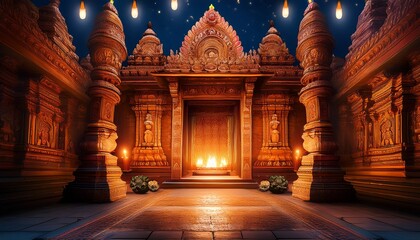 Obraz premium An awe-inspiring sacred Hindu temple entrance featuring intricate ornate carvings, glowing torches, and a profoundly spiritual ambiance. A gateway to the divine