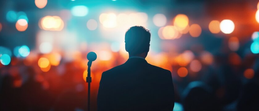A person delivering a speech to a gathered audience, possibly at a conference or meeting