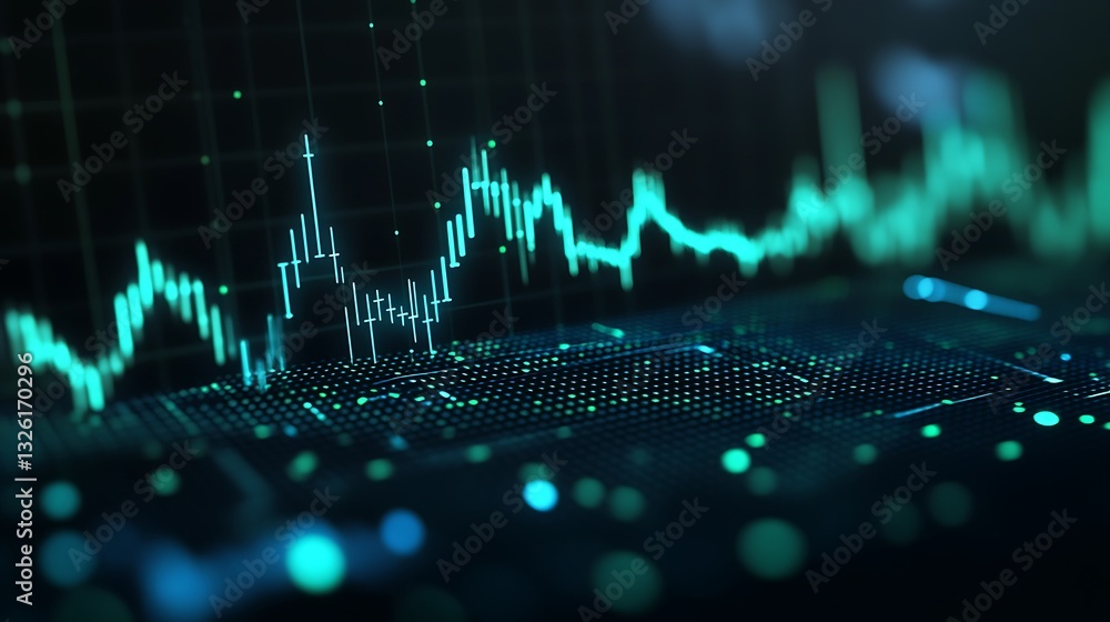 Poster abstract digital financial chart with data analysis visualization in vibrant green and black backgro