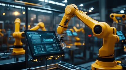 Fototapeta premium Robotic Arms Operating and Monitoring Using Digital Screens in Factory