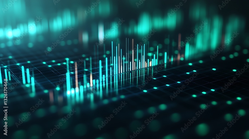 Poster abstract digital financial chart with glowing lines and dots representing data visualization and mar
