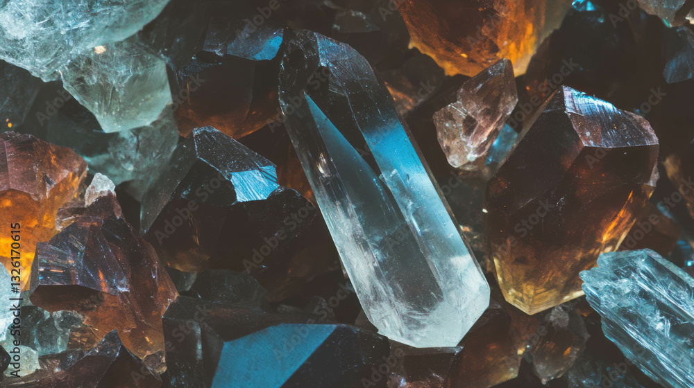 Poster mesmerizing quartz texture with inclusions and colorful chaotic arrangement