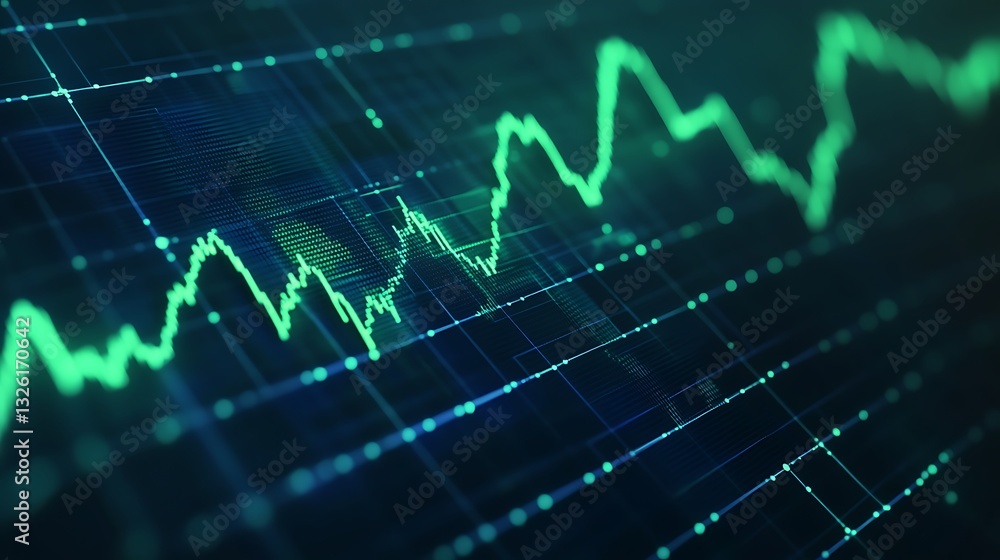 Poster abstract digital financial chart with green data lines on a dark background for business and technol