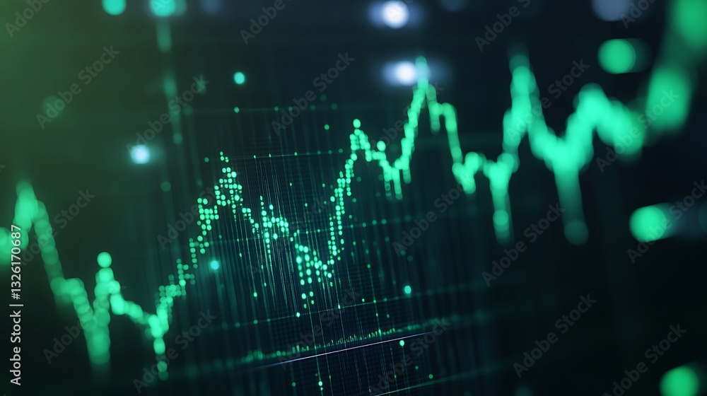 Poster abstract digital financial chart with green data points and grid lines displaying market trends and 