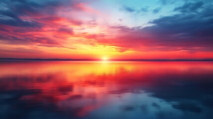 Fototapeta premium Vibrant Sunset Casting Warm Hues over Tranquil Ocean Waves with Whimsical Clouds in the Sky